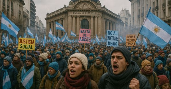 Multitudinaria marcha en Rosario: protestas, cánticos y demandas frente a la Bolsa de Comercio